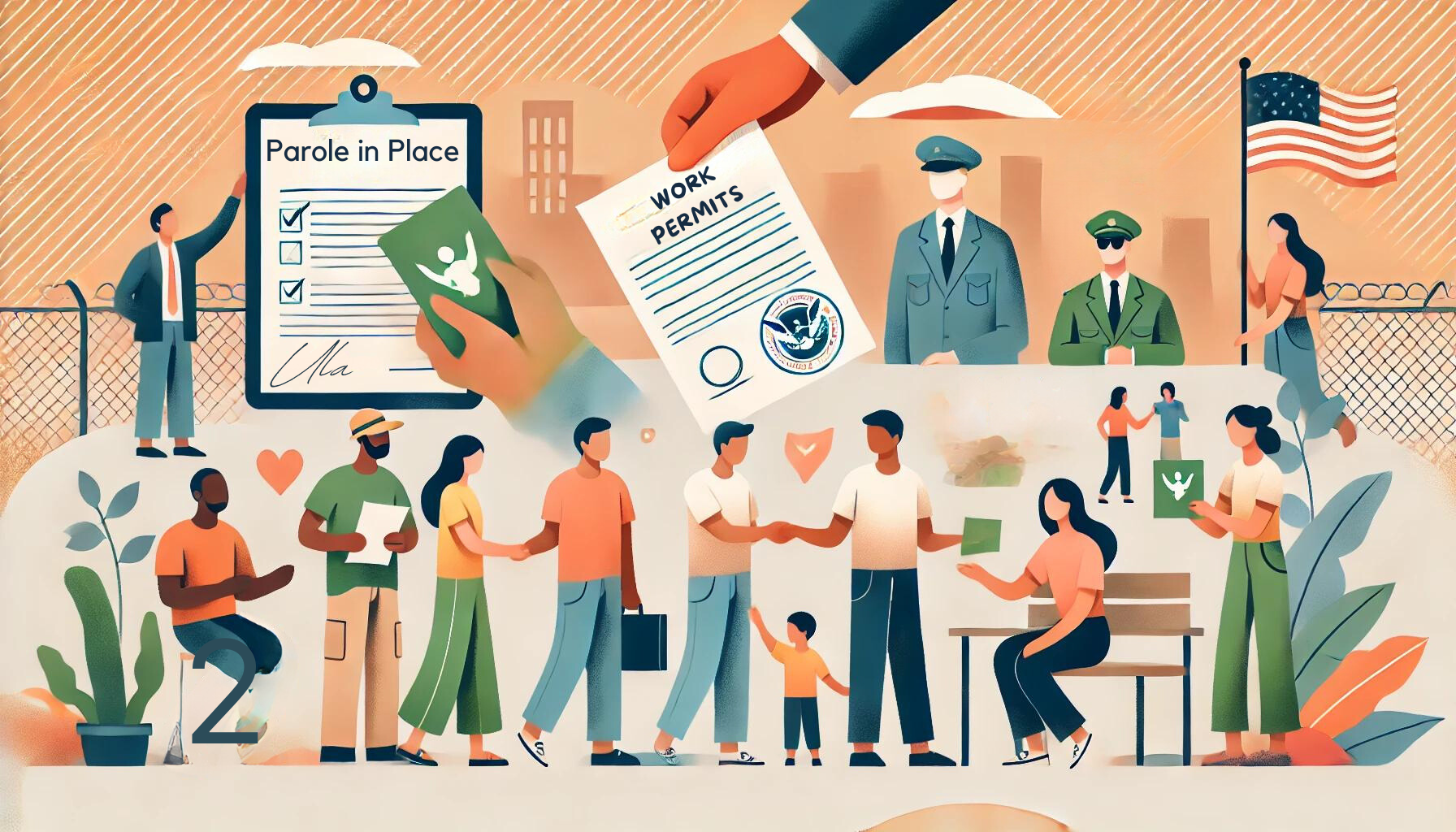 An illustration showing a diverse group of individuals receiving documents like work permits and green cards. The image includes minimalistic elements such as a person filling out forms and an official handing over a green card. The colors are warm and hopeful, representing the positive impact of parole in place for immigrants.